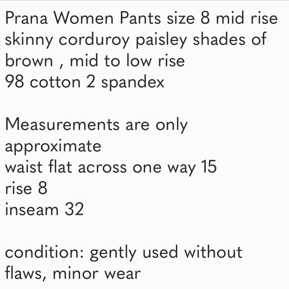 Prana Women Pants 8 Medium Skinny Corduroy Paisley Mid-Rise Brown Cotton - Picture 6 of 8